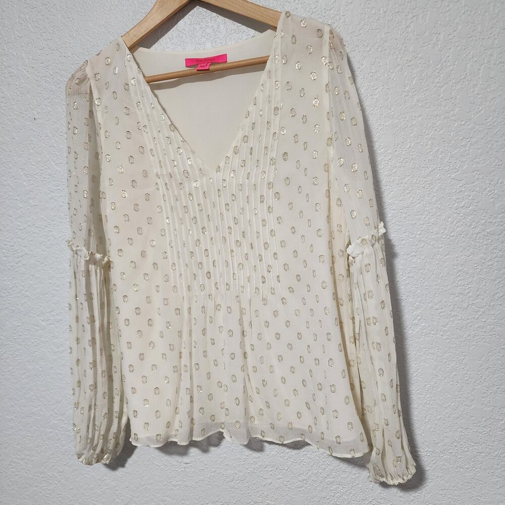 Lilly Pulitzer Ivory Gold Metallic Silk Relaxed Fit Blouse Pleated V-Neck Small - Picture 5 of 10